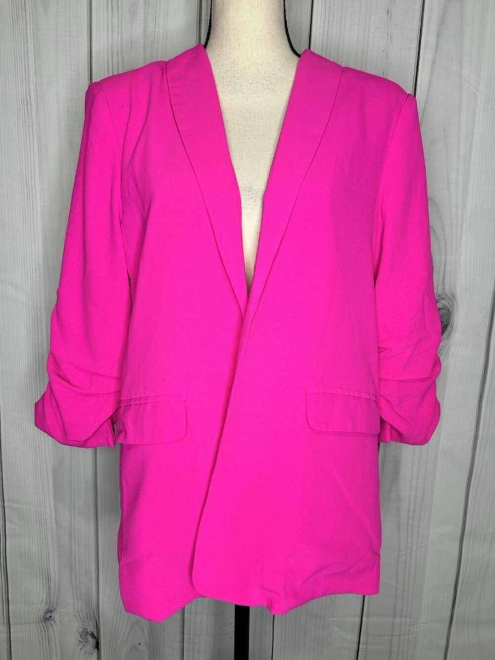 JODIFL Hot Pink Open Front Blazer Jacket 3/4 Ruched Sleeve Pockets Size M